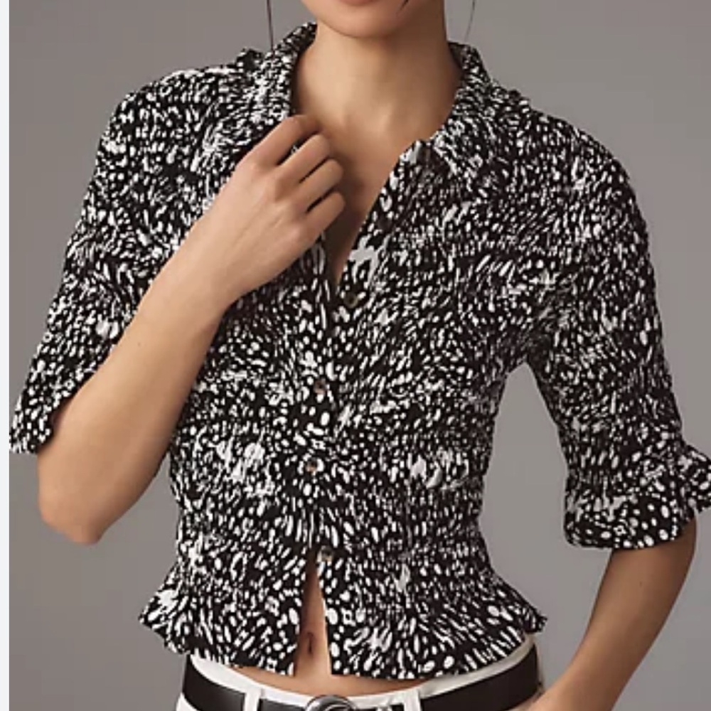 Anthropologie Maeve Black White 3/4 Sleeve Ruched Stretch Button Down Top S